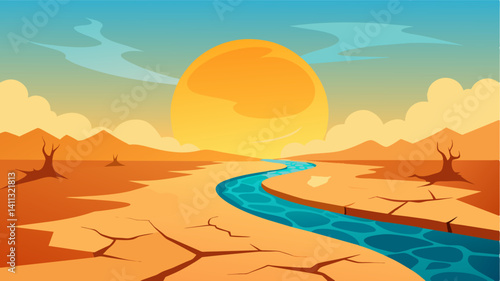 The harsh sun beat down on the cracked riverbed intensifying the effects of the severe drought.. Vector illustration