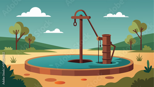 An old rusted pump now rendered useless hangs limply above the pond a symbol of the futile efforts to restore the water supply.. Vector illustration