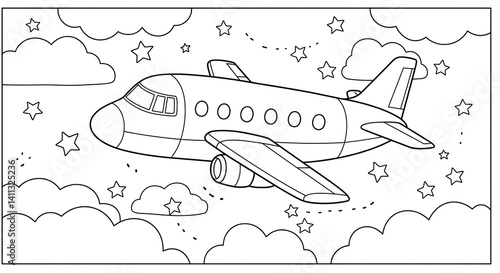 airplane flying in the sky among clouds and stars coloring page, black and white cartoon coloring page.
