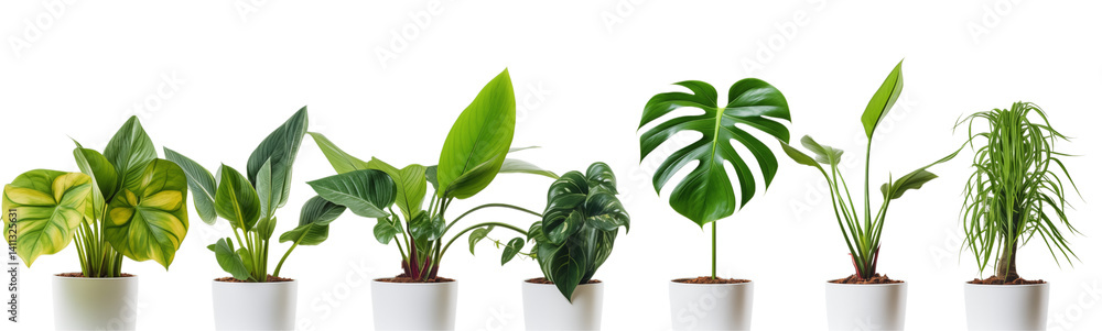 Assortment of potted plants in white pots arranged in a row against a transparent background studio shot png Assortment of potted plants in white pots arranged in a row against a transparent background studio shot png