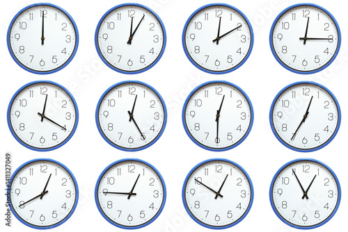 round wall clocks with white faces and a blue rim. Each set displays times from 00:00 to 00:55 or 12:00 to 12:55 in 5 minute intervals, ideal for educational or time teaching stock content.