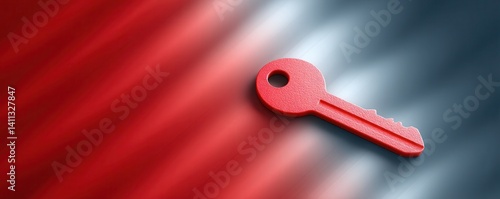 A vibrant red key rests on a smooth, gradient background of red and blue hues, symbolizing access or security.