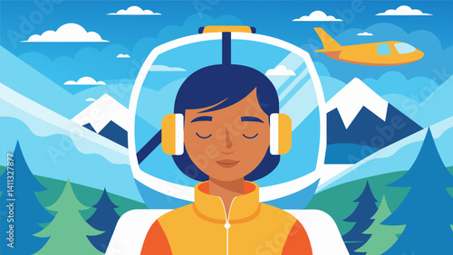 A solo traveler closing their eyes and taking in the peacefulness and serenity of the scenic flight in the air taxi.. Vector illustration