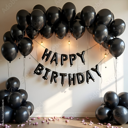 Elegant black  birthday decoration with balloon arch and stylish wall backdrop for party celebration