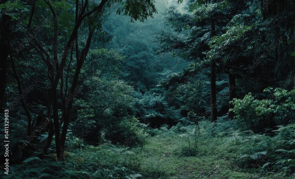 Lush, misty forest path