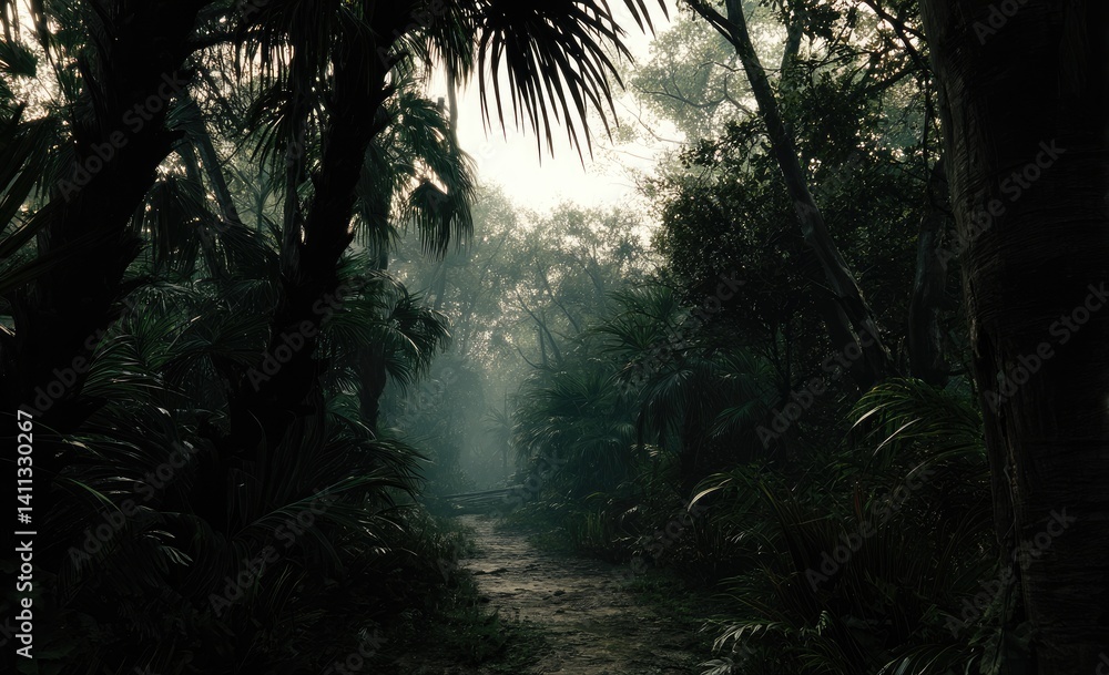 Dense jungle path shrouded in mist