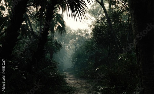 Obraz na płótnie Dense jungle path shrouded in mist w salonie