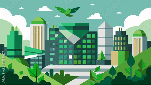 The landscape below is a mosaic of green and silver as eVTOLs fly over modern buildings adorned with living walls and rooftop gardens.. Vector illustration