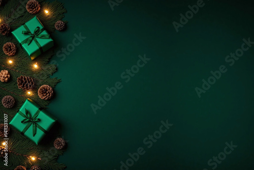 green christmas background with presents and pine cones