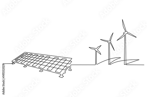 Continuous one line drawing of wind turbine and Solar panel. Single line drawing illustration of wind turbines eco energy. Renewable source energy concept vector art. Doodle line illustration.