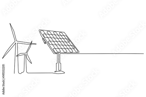 Continuous one line drawing of wind turbine and Solar panel. Single line drawing illustration of wind turbines eco energy. Renewable source energy concept vector art. Doodle line illustration.