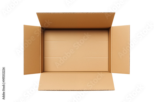 An open brown cardboard box with flaps visible against a transparent background in a studio shot png