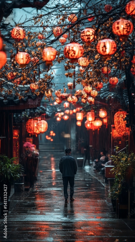 A lone figure walks through a rain-soaked street adorned with glowing lanterns in a festive atmosphere A lone figure walks through a rain-soaked street adorned with glowing lanterns in a festive atmosphere