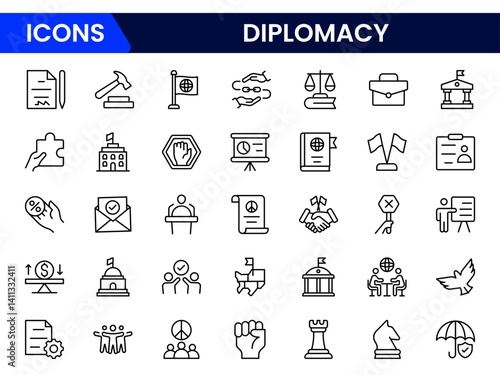 Diplomacy line icons collection. UI icon set in a flat design. Excellent signed icon collection. Thin outline icons pack. Vector illustration