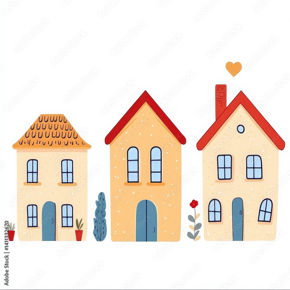 Fototapeta premium Cute Hand-Drawn Houses with Colorful Elements and Cheerful Design