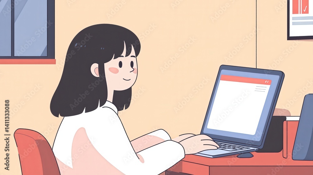 Young Woman Working on Laptop in Cozy Home Office Environment Young Woman Working on Laptop in Cozy Home Office Environment
