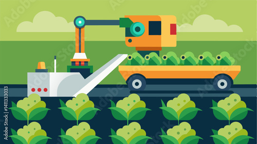 In order to meet growing demand for organic produce robotic harvesters are designed to meticulously sort and pick only the highestquality lettuce leaves.. Vector illustration