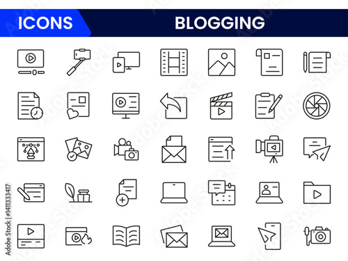 Blogging icon collection. Containing, influencer, content, creation, vlogger, social media, digital marketing, and community icons. Vector illustration.