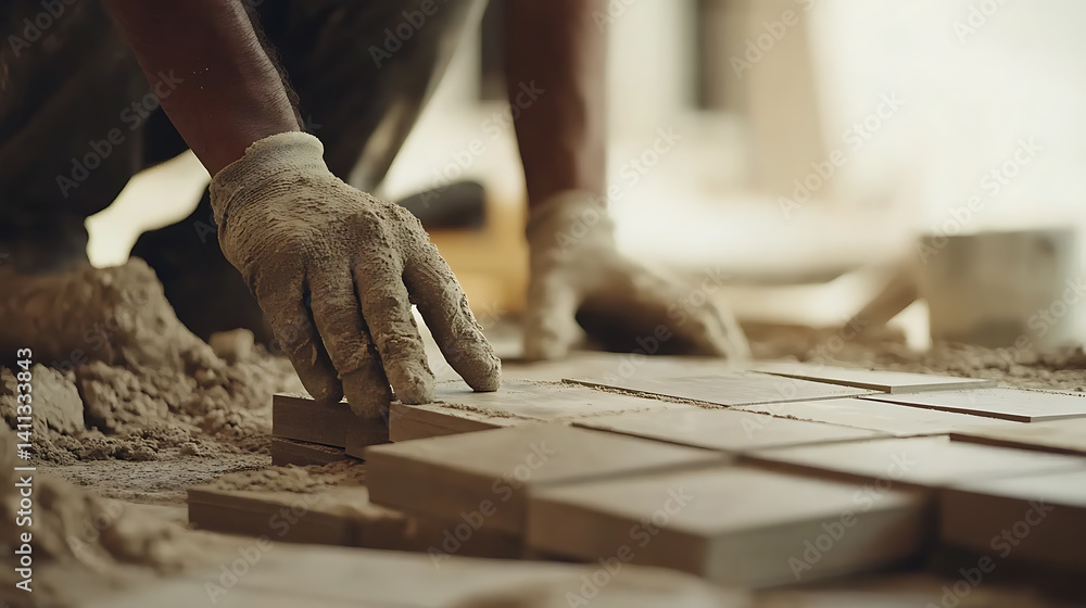 A construction worker laying flooring tiles at a building site. Featuring care and attention to detail A construction worker laying flooring tiles at a building site. Featuring care and attention to detail