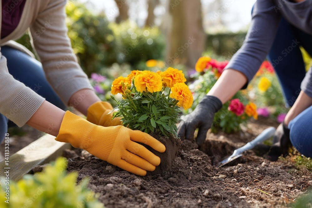 Fototapeta premium Two women planting yellow marigold flower at backyard garden. Gardening together, hobby and activity outdoor at summer, landscaping and backyard improvement concept.