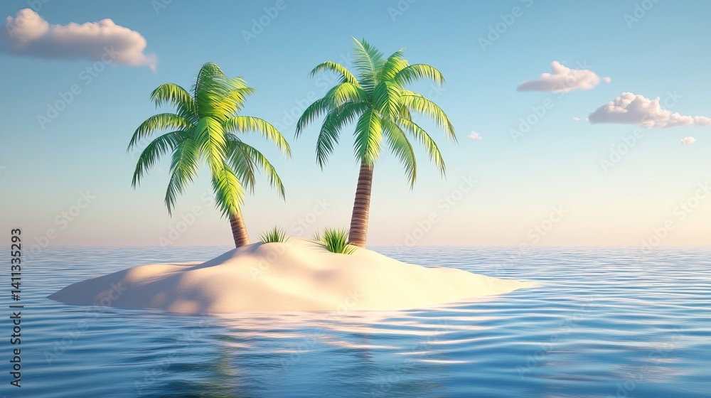 Obraz premium Deserted island with white sand beach, palm trees, and clear shallow water