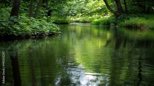 Serene forest stream. Lush greenery reflects in calm water