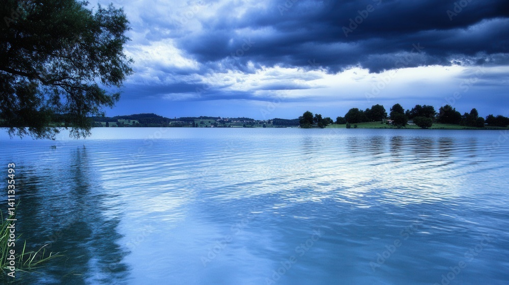Fototapeta premium Serene lake landscape at dusk with dramatic clouds