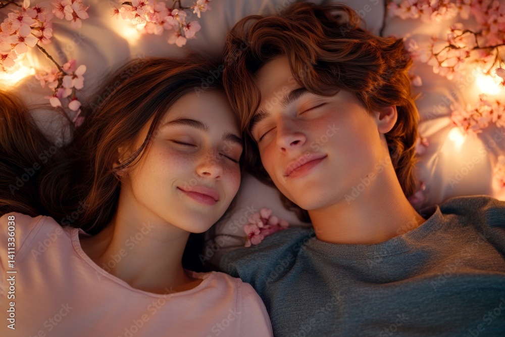 Dark night and warm mystic light - complementary lighting. Spring mood idea: stunning caucasian young girl and guy inhaling the fragrance of cherry blossoms. Couple inhaling spring aroma. Dark night and warm mystic light - complementary lighting. Spring mood idea: stunning caucasian young girl and guy inhaling the fragrance of cherry blossoms. Couple inhaling spring aroma.