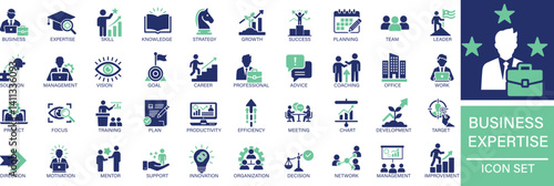 Business expertise icon set featuring skills, leadership, analysis, planning, consulting, strategy, teamwork, growth, and professional business solutions.
