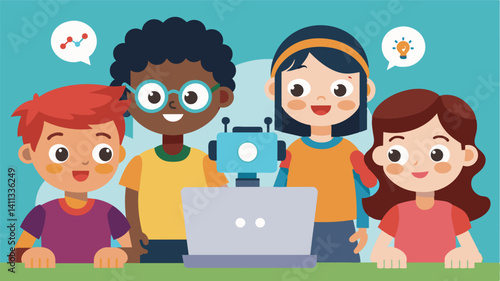 A group of children huddled around a laptop intently analyzing data and trying to come up with a solution to a problem with their robot.. Vector illustration