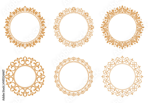 Set of decorative frames Elegant vector element for design in Eastern style, place for text. Floral golden and white borders. Lace illustration for invitations and greeting cards