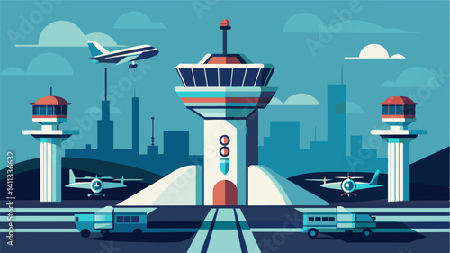 At the futuristic airport the vertical takeoff pads are operated by automated systems ensuring precise and efficient departures and arrivals of the advanced aircraft.. Vector illustration