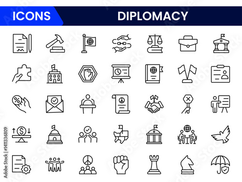 Diplomacy line icons collection. UI icon set in a flat design. Excellent signed icon collection. Thin outline icons pack. Vector illustration