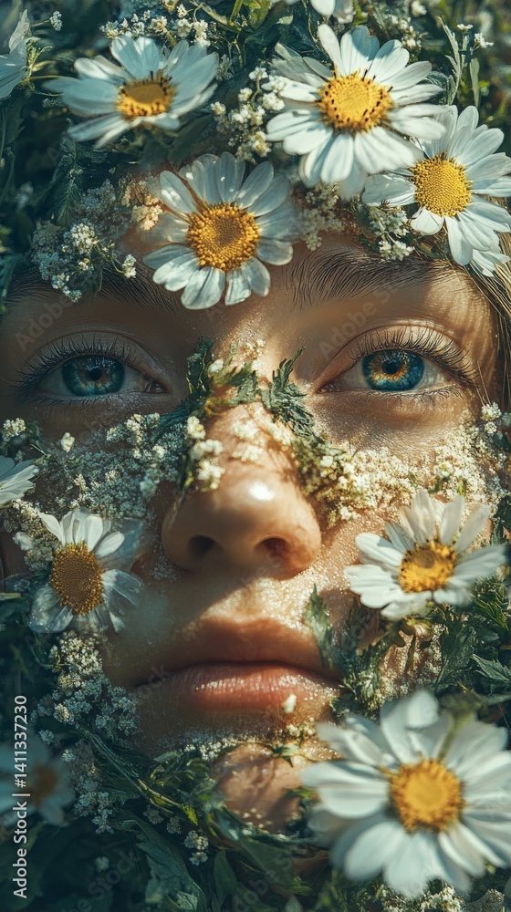A serene portrait of a person surrounded by blooming daisies and wildflowers, evoking tranquility A serene portrait of a person surrounded by blooming daisies and wildflowers, evoking tranquility