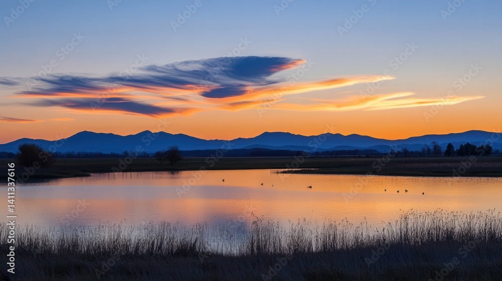 Fototapeta premium Serene sunset over tranquil pond, mountains in background
