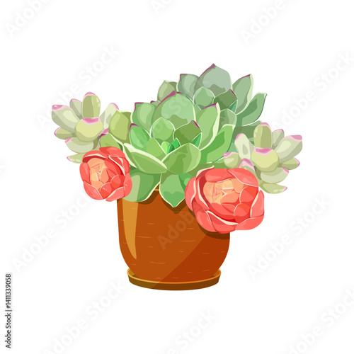 Green, red echeveria succulent cactus in pot . Houseplant on isolated background. Vector illustration.