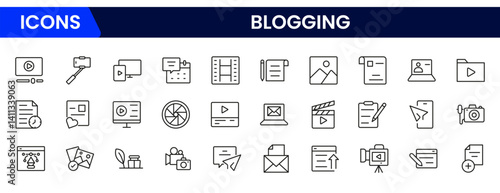 Blogging icon collection. Containing influencer, content, creation, vlogger, social media, digital marketing, and community icons. Vector illustration.