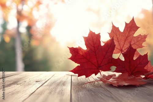 Autumn leaves on wooden table (1)