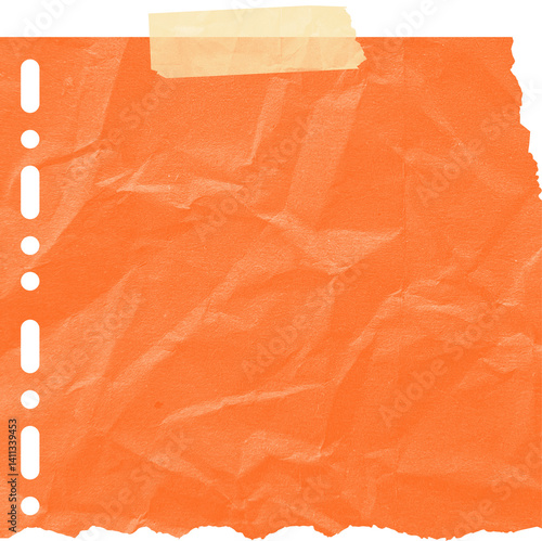 Crumpled orange torn ripped notepaper sheet texture isolated on transparent background. Crumpled blank paper texture with torn edges and adhesive tape