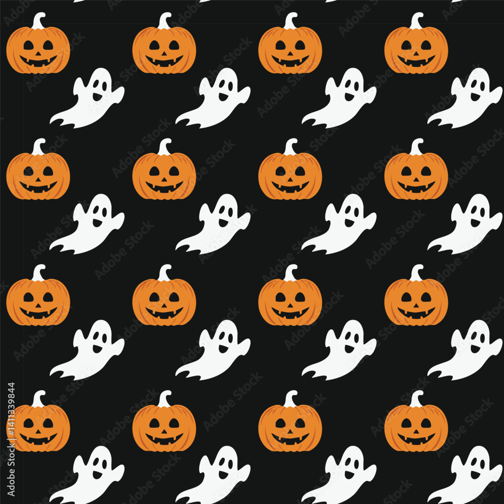 Naklejka premium Halloween Pattern with Pumpkins and Ghosts illustration
