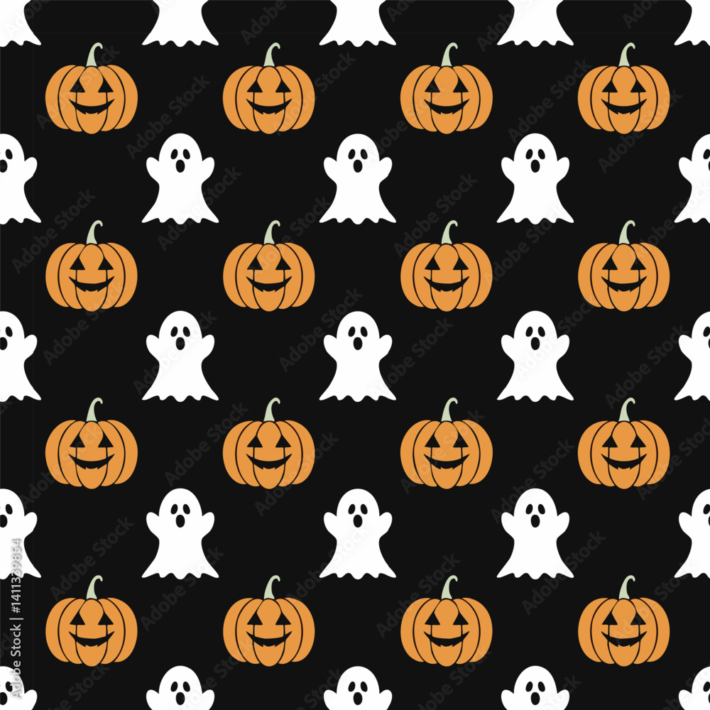 Naklejka premium Halloween Pattern with Pumpkins and Ghosts illustration