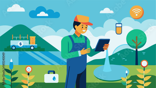 By using IoT technology to monitor water quality farmers can reduce the use of potentially harmful chemicals and fertilizers promoting sustainable farming practices.. Vector illustration