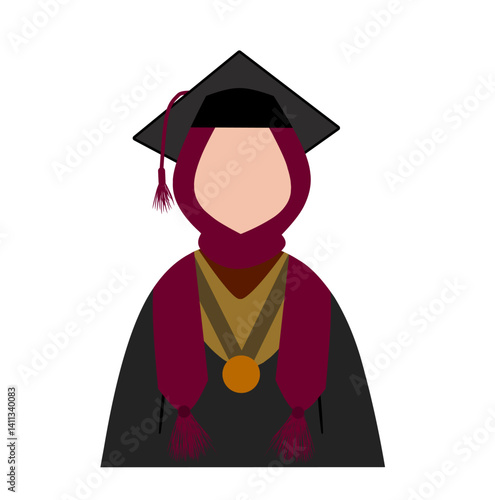 Simple cartoon graduate icon. Vector illustration of a faceless female graduate wearing a hijab and graduation cap with red stolle, medal and academic dress