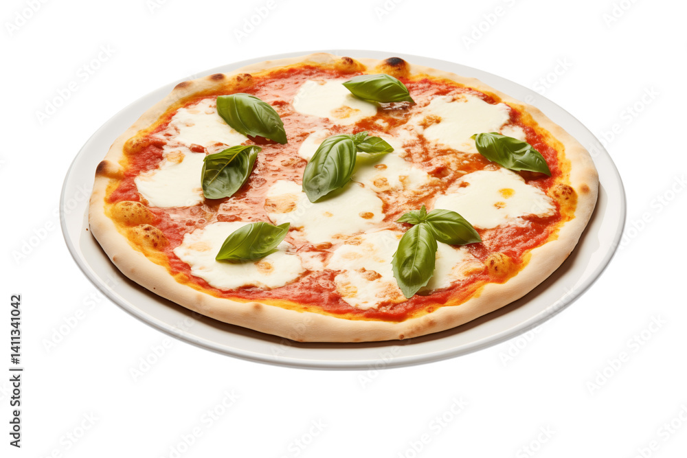 A delicious margherita pizza with basil leaves on a white plate ready to be served and enjoyed now png A delicious margherita pizza with basil leaves on a white plate ready to be served and enjoyed now png