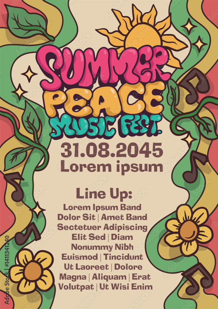 Obraz premium summer peace music festival poster concept. three color with tropical flower and sun in abstract style. international paper size music poster template vector illustration.