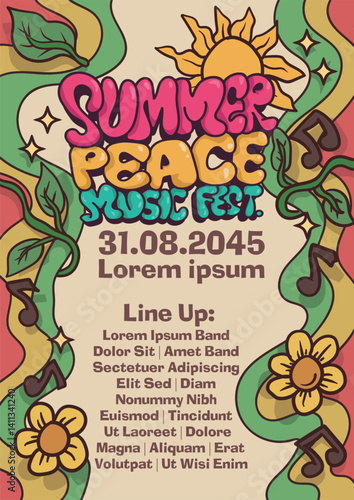 summer peace music festival poster concept. three color with tropical flower and sun in abstract style. international paper size music poster template vector illustration.