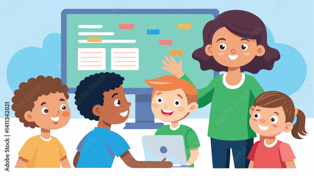 A smiling teacher assisting a group of kids as they work together to debug a code on an interactive whiteboard.. Vector illustration A smiling teacher assisting a group of kids as they work together to debug a code on an interactive whiteboard.. Vector illustration