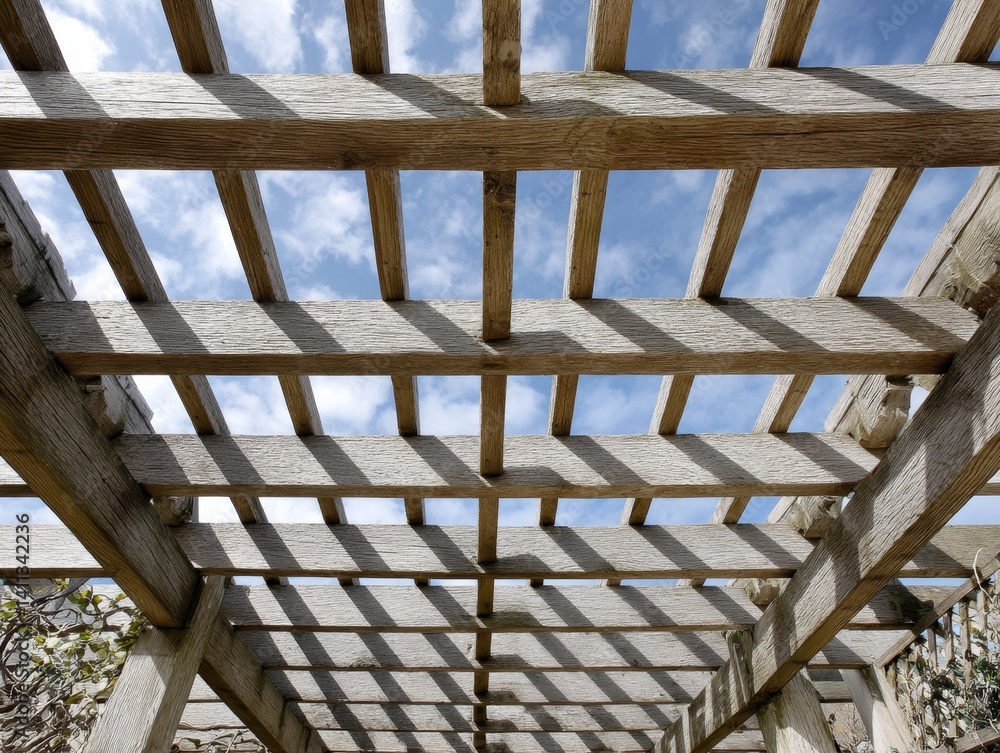 Obraz premium Sun-drenched pergola with meticulously crafted wooden beams and details - Outdoor Climate Sunrays