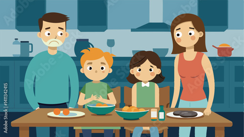 In a dilapidated kitchen a family of four gathers around their wornout dinner table their faces crestfallen as they realize there wont be enough food to go around.. Vector illustration