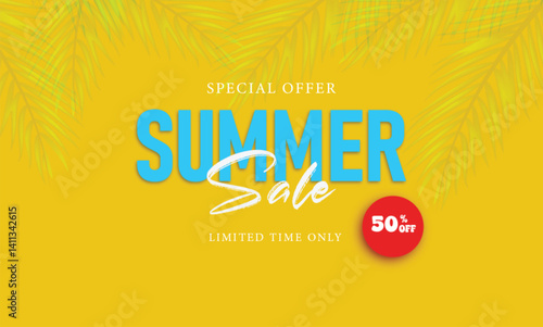 summer sale banner design background with leaf palm on yellow background